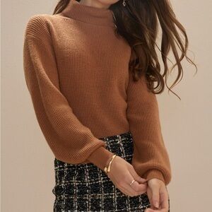 Balloon Sleeve Turtleneck Rib Knit Pullover